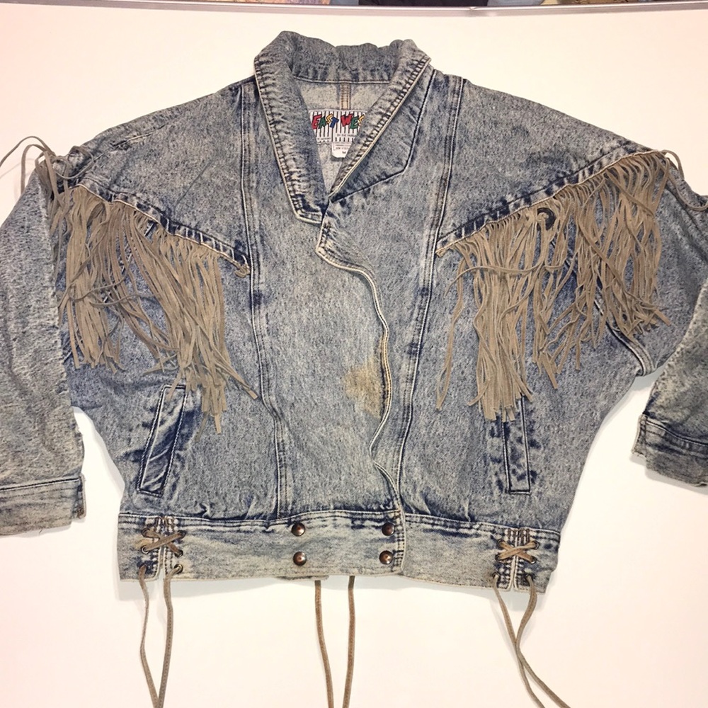East West Acid Washed Fringed Denim Jacket Vintage Size Medium Distressed